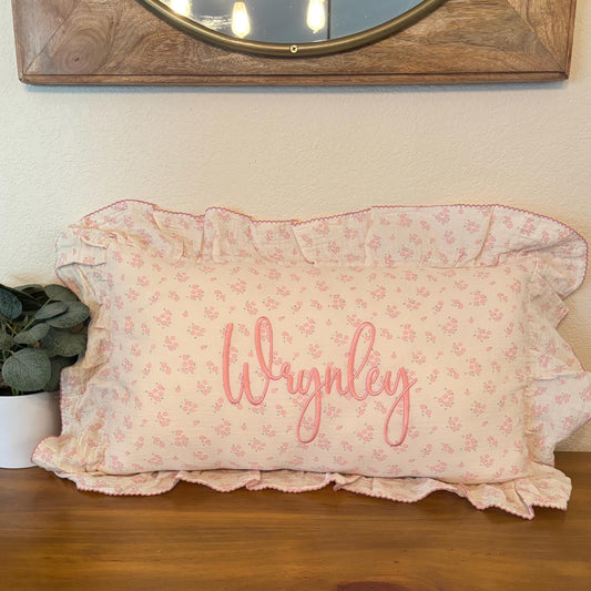 Custom Embroidered Ruffle Floral Pillow